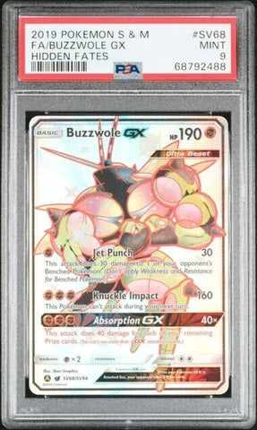 PSA 9 MINT | 2019 Pokemon TCG Hidden Fates FA Buzzwole GX #SV68 Shiny Holo Rare