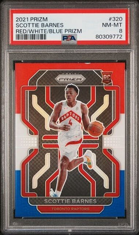 SCOTTIE BARNES PSA 8 ROOKIE RED WHITE BLUE PRIZMS 320 RC SP 2021-22 PANINI PRIZM