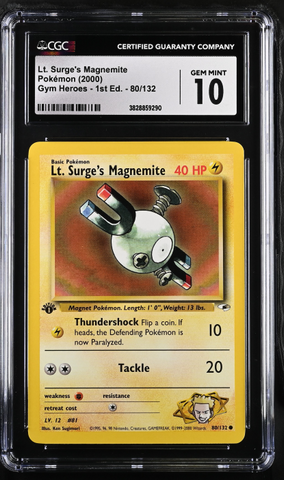 LT. Surge's Magnemite #80 Gym Heroes 1st Edition Pokemon Card WOTC CGC 10 GEM