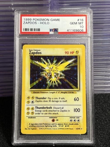 Pokemon Zapdos PSA 10 Gem Mint Holo 1999 Base Set Unlimited 16/102 Rare