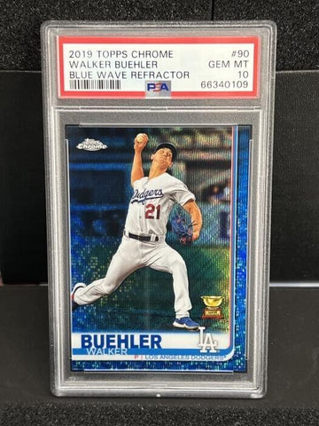 2019 Topps Chrome Blue Wave Refractor Walker Buehler Dodgers Rookie /75 Gold Cup