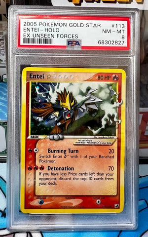 PSA 8 NM-MT | 2005 Pokemon EX Unseen Forces 113 Entei Holo Gold Star